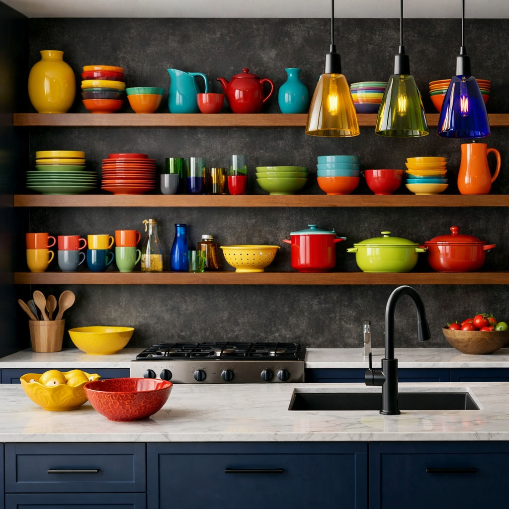 A kitchen featuring dark blue cabinets with colorful open shelving displaying various dishware and utensils.