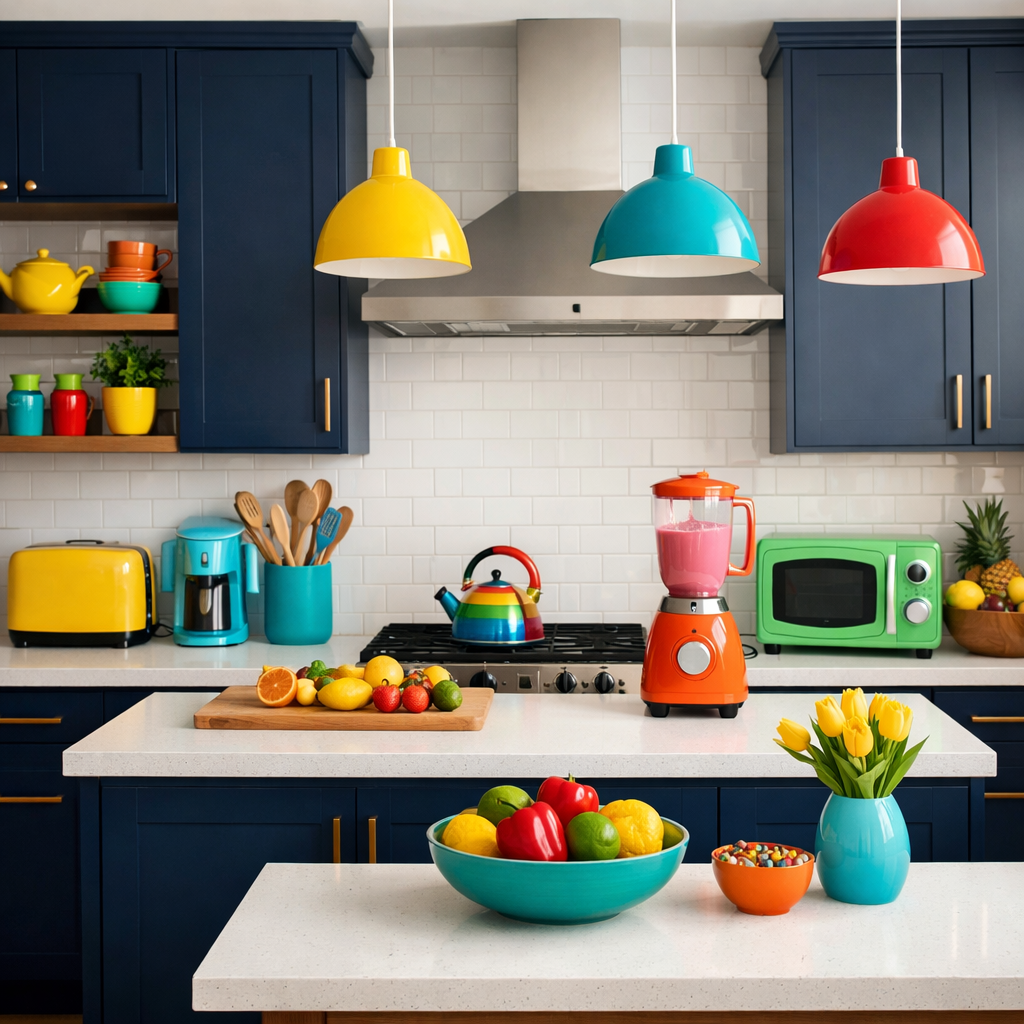 Brightly colored modern kitchen with dark blue cabinets and vibrant appliances.