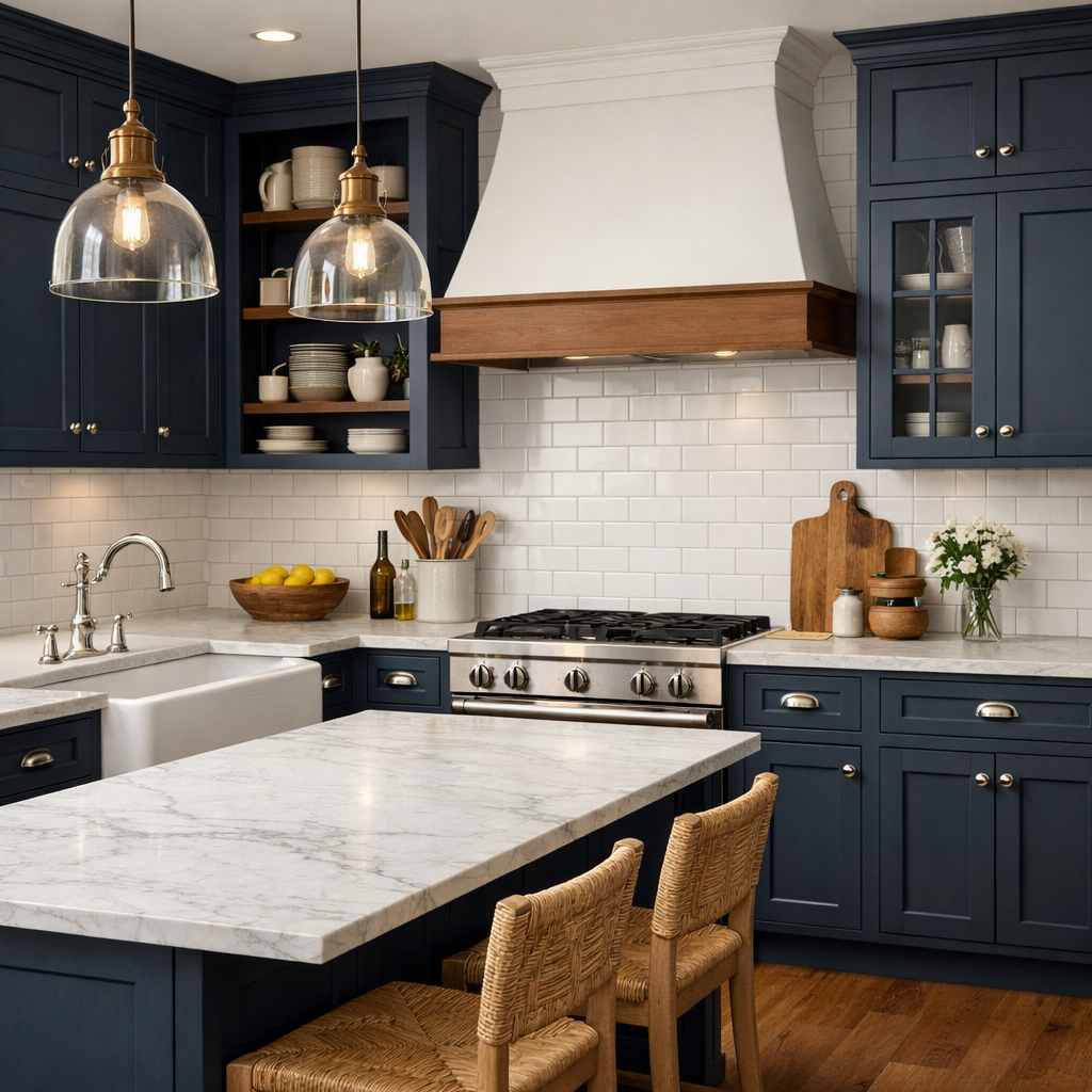 A kitchen featuring dark blue shaker-style cabinets with a marble countertop and modern appliances.