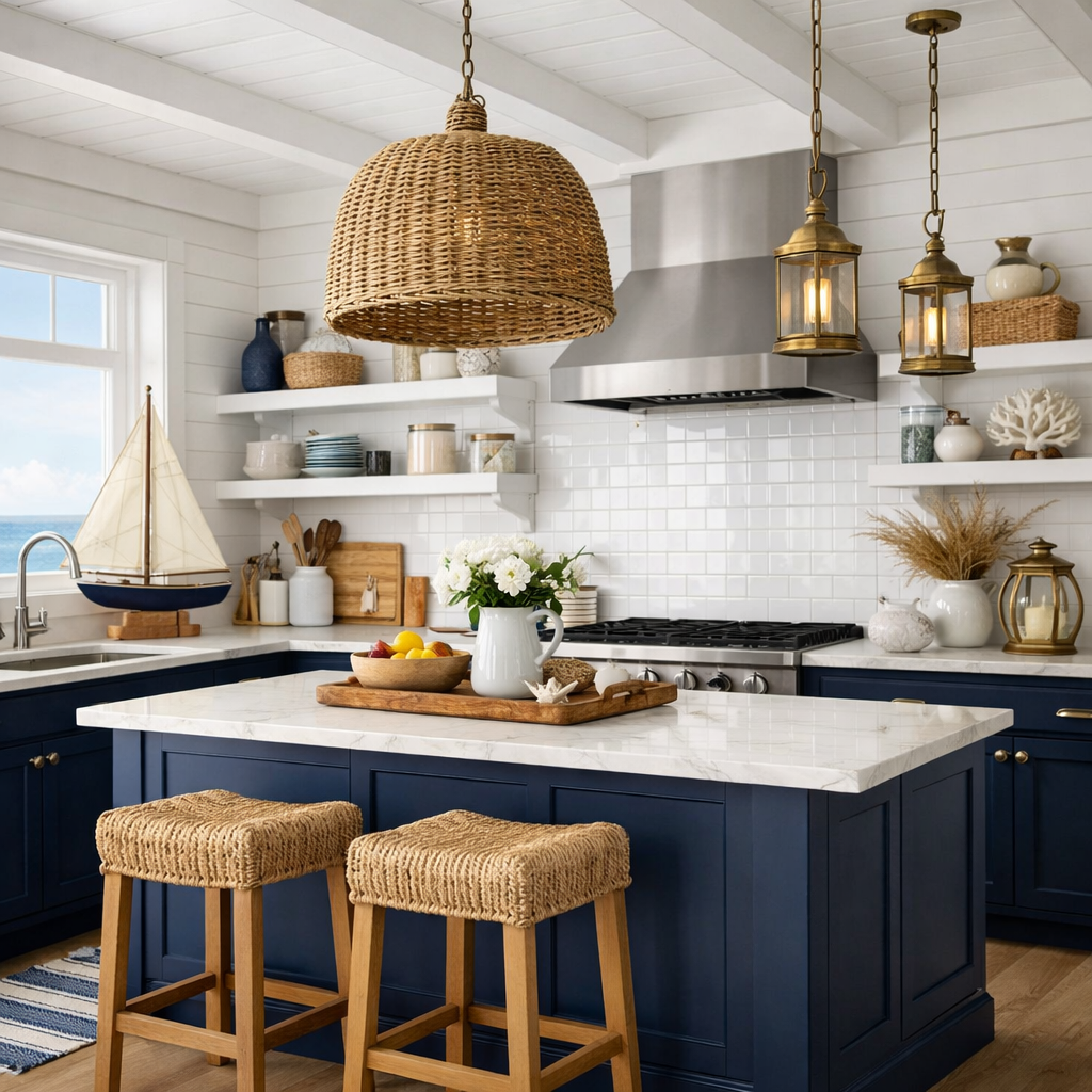 A modern coastal kitchen featuring dark blue cabinets, wooden stools, woven light fixtures, and natural decor elements.
