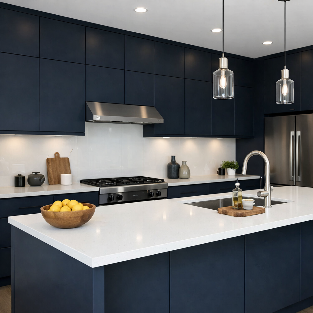 A modern kitchen featuring dark blue cabinets and crisp white countertops with a bowl of lemons.
