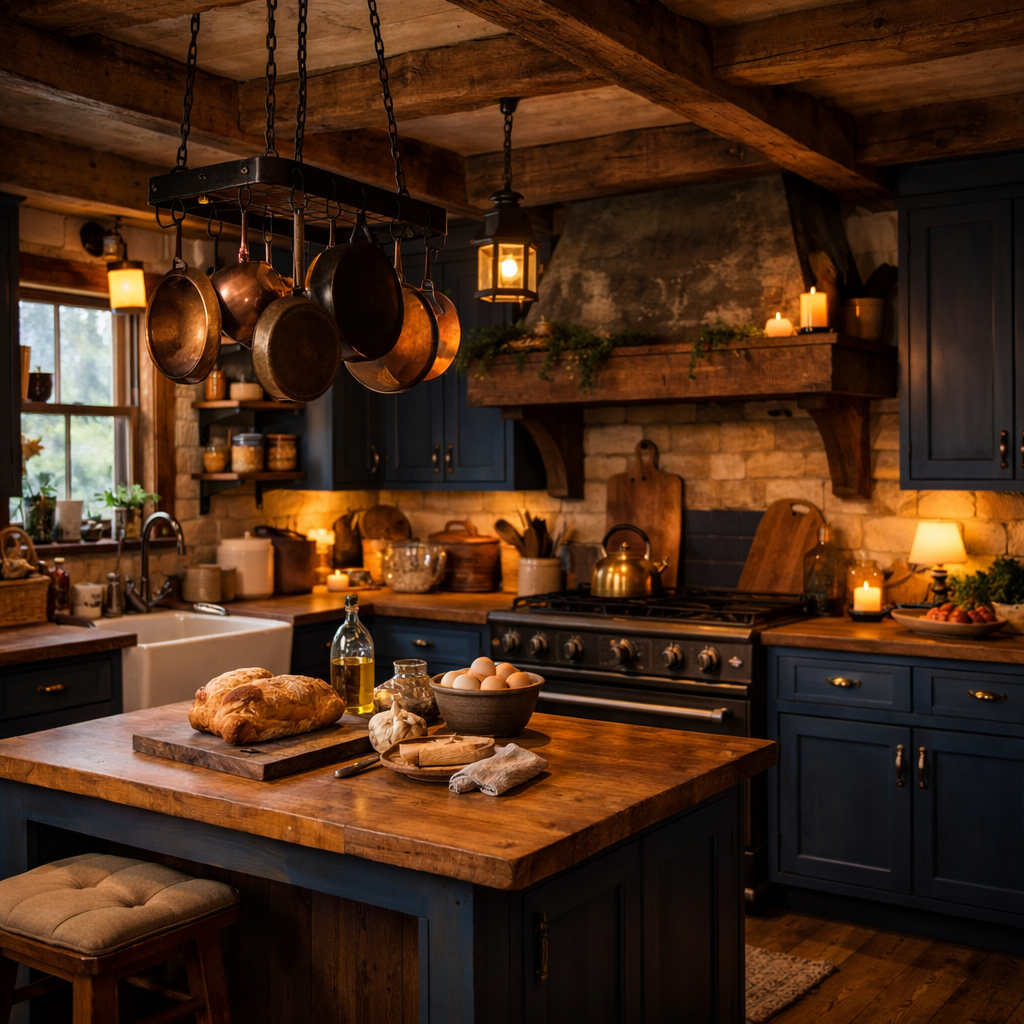 A cozy rustic kitchen with dark blue cabinets, wooden beams, and a warm, inviting atmosphere.