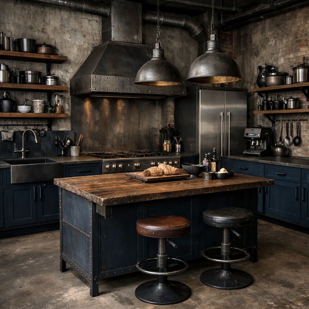 A dark blue kitchen featuring industrial design elements, including metal accents and wooden surfaces.