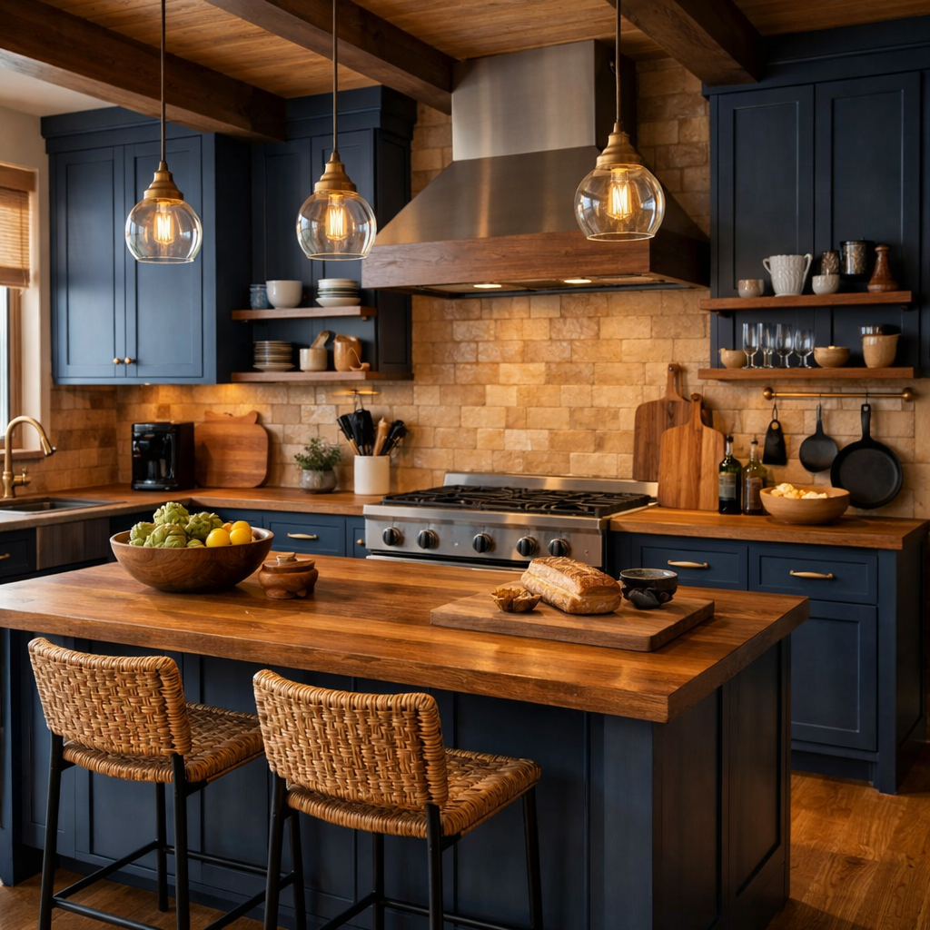 A kitchen featuring dark blue cabinets and wooden elements, showcasing a blend of textures.