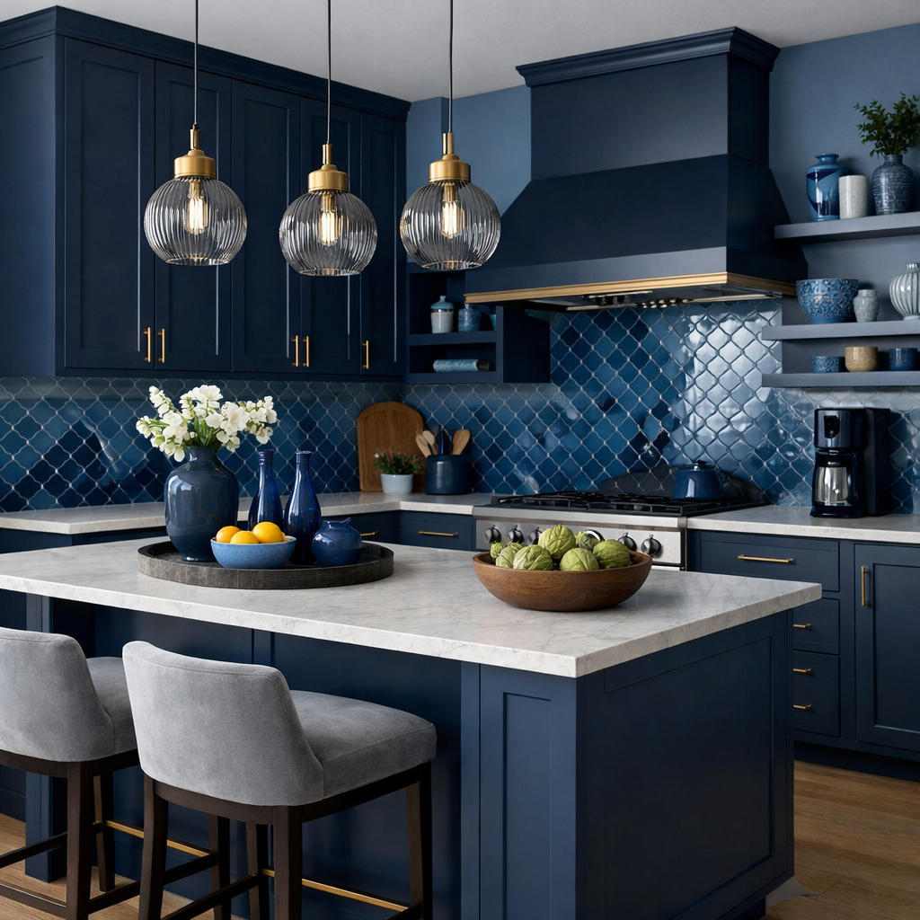 A modern kitchen with dark blue cabinets, light marble countertops, and stylish pendant lighting.