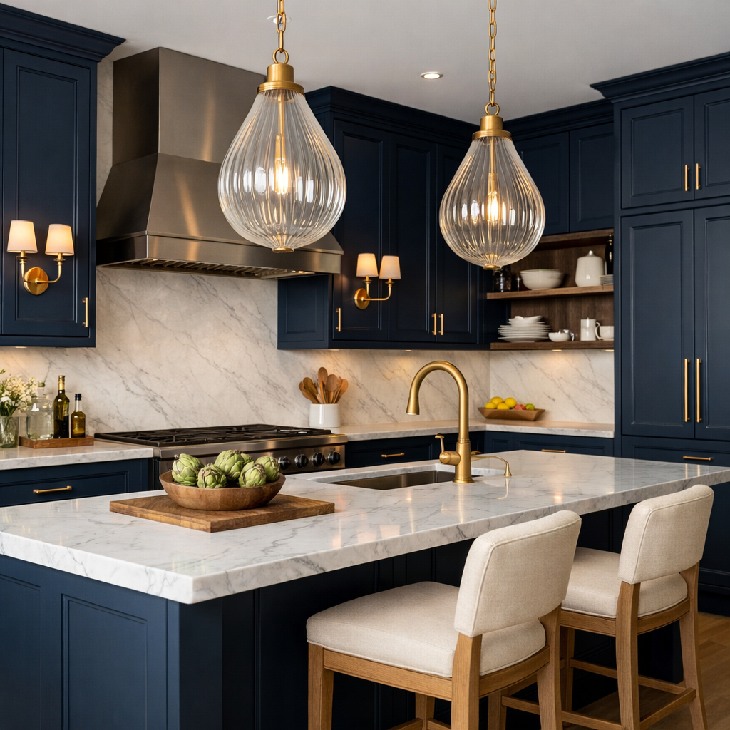 A kitchen featuring navy blue cabinets with gold accents, marble countertops, and modern pendant lights.