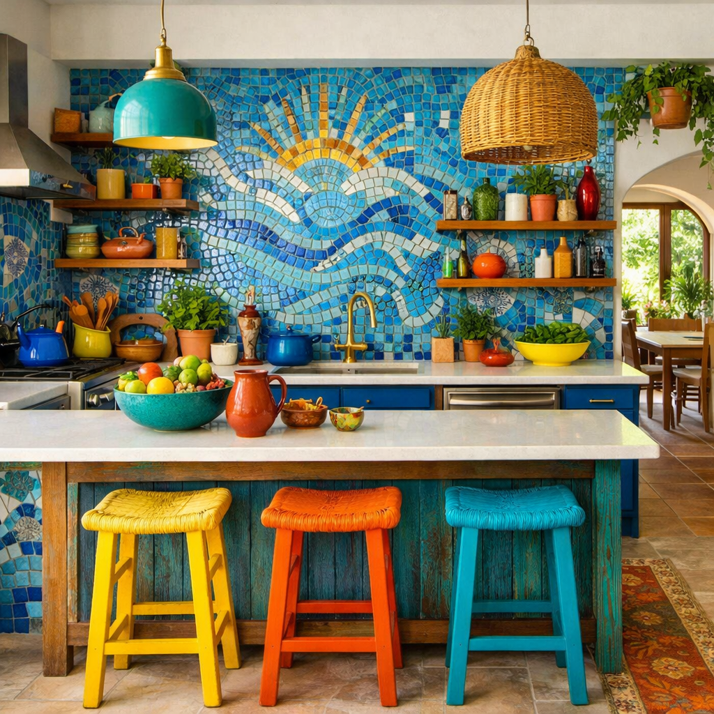 A vibrant kitchen featuring blue mosaic tiles with sun and wave patterns, complemented by colorful bar stools and eclectic decorations.