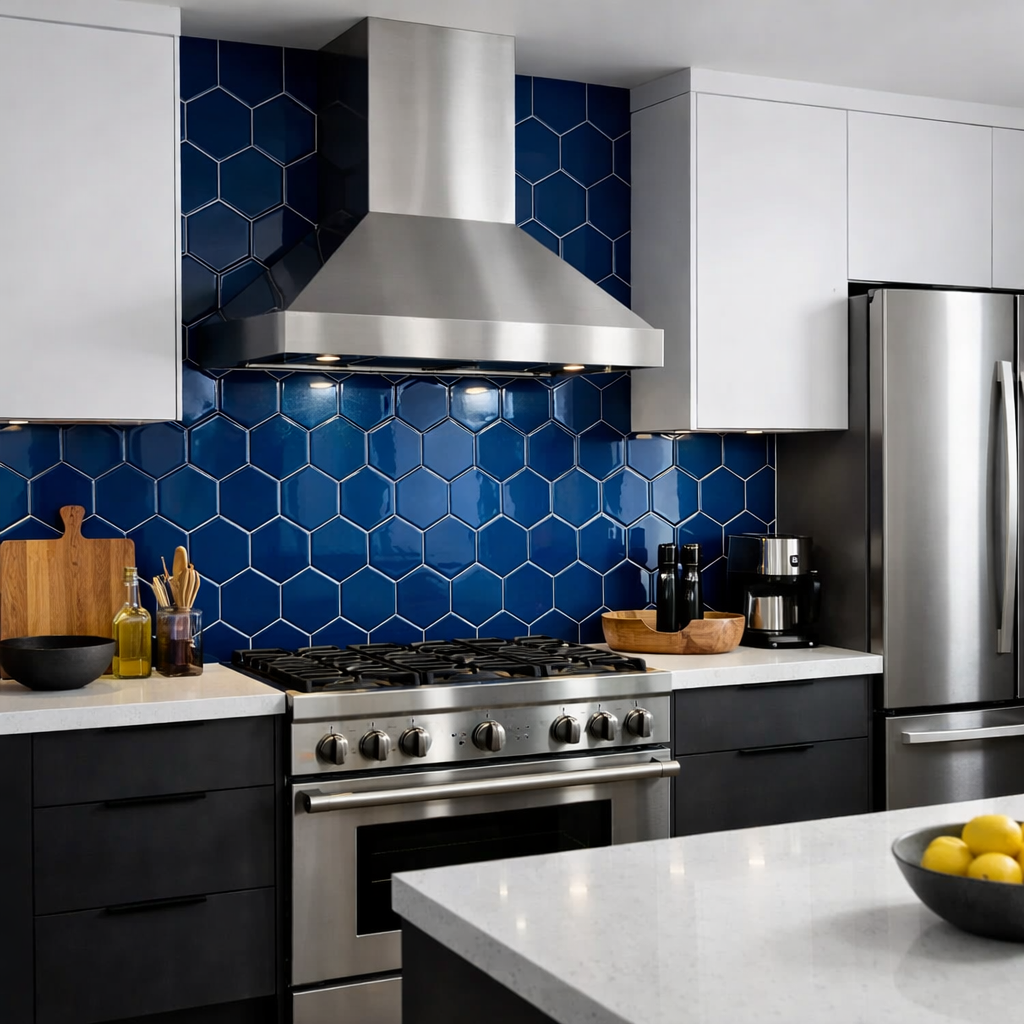 A kitchen featuring bold blue hexagon tiles as a backsplash, with modern appliances and dark cabinetry.
