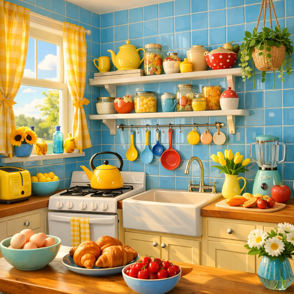 A bright and cheerful kitchen featuring sky blue tiles, yellow accents, and colorful decorations.