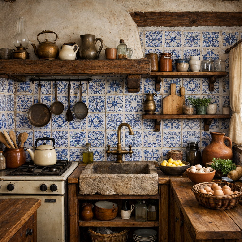 A rustic kitchen featuring classic blue and white patterned tiles, wooden shelves with various cookware, a stone sink, and a cozy arrangement of fruits and herbs.