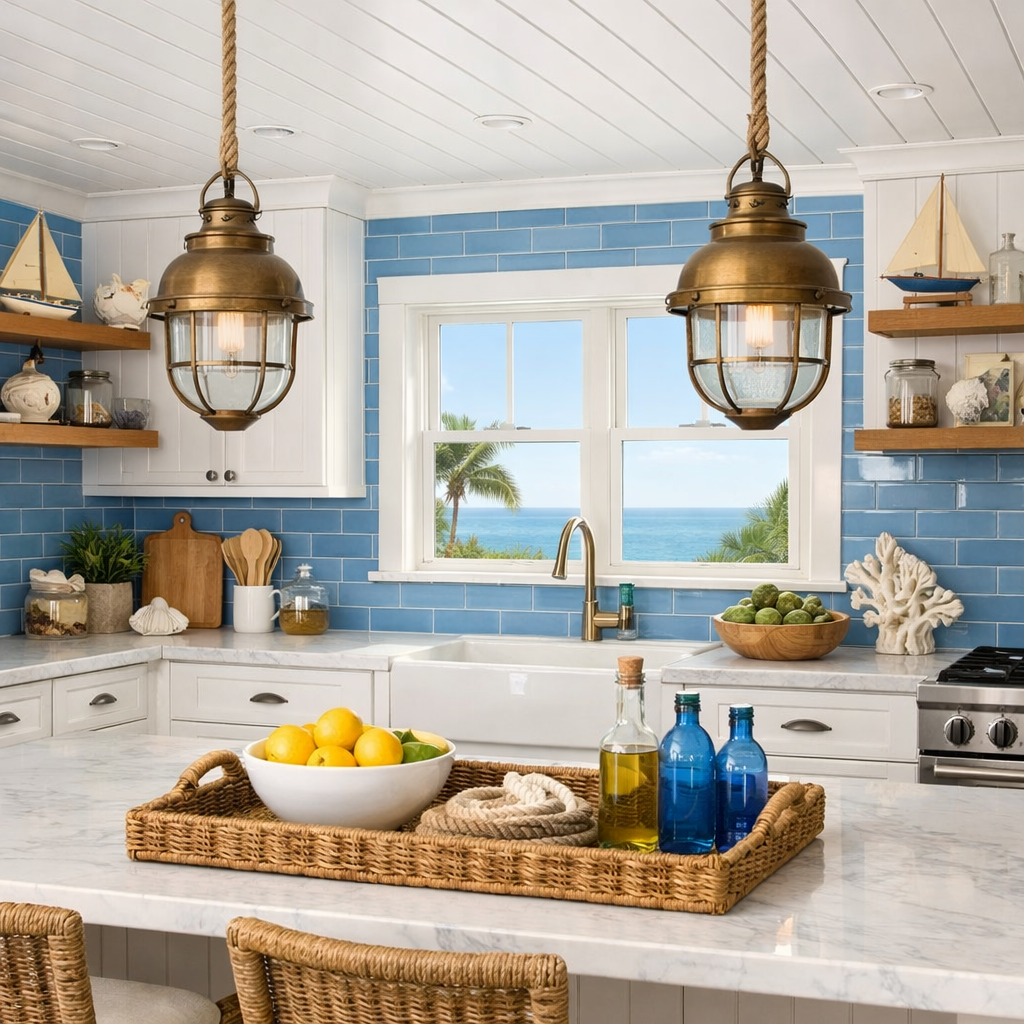 A bright kitchen featuring blue subway tiles with coastal decor and an ocean view.