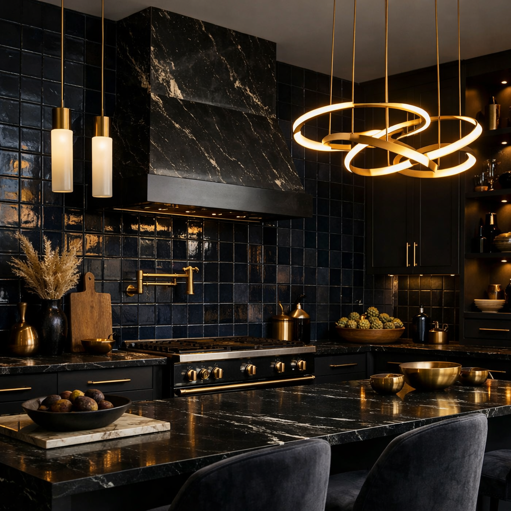 A stylish kitchen featuring dark navy tiles, modern lighting, and gold accents.