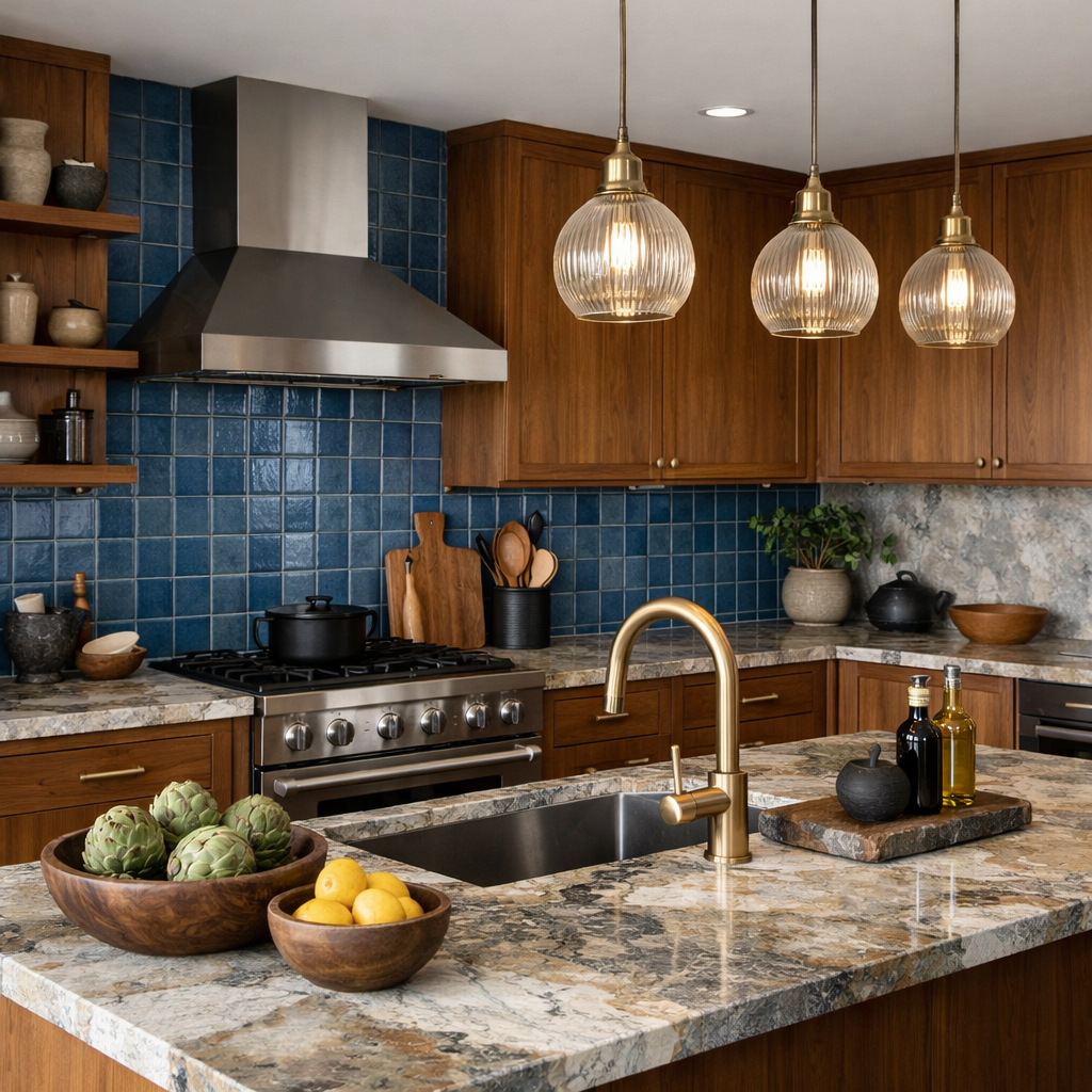 Kitchen with blue tiled backsplash and natural stone countertop, featuring wooden cabinets and hanging light fixtures