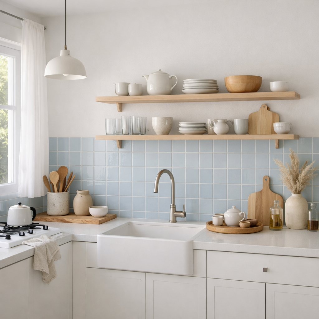 A modern kitchen with soft pastel blue tiles, white cabinets, and wooden shelves displaying kitchenware.