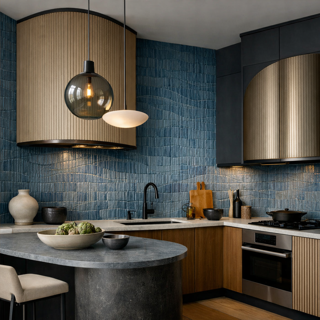 A modern kitchen featuring textured blue tiles, a round stone countertop, and stylish lighting.