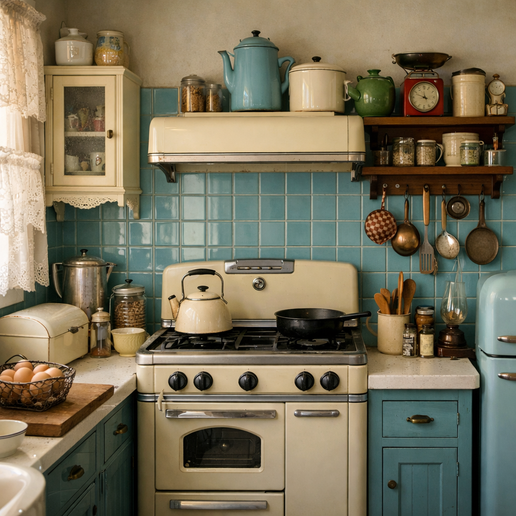 Vintage kitchen featuring turquoise blue tiles and retro appliances.