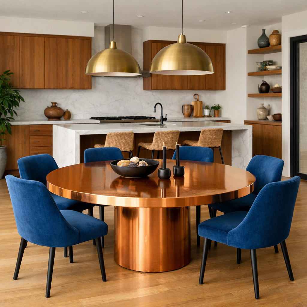 A modern dining area featuring a round copper table surrounded by blue chairs, highlighting a stylish and inviting atmosphere.