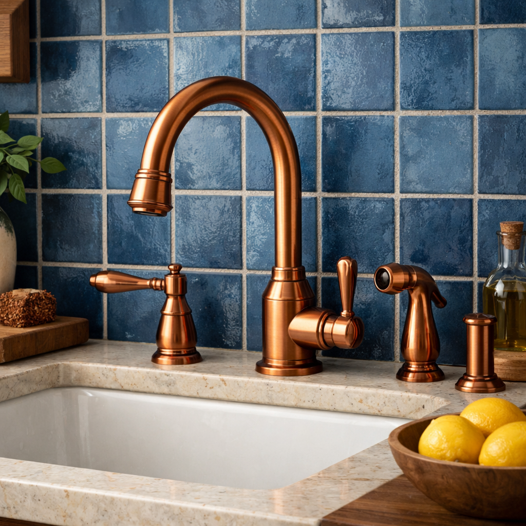 A stylish copper kitchen faucet set against a blue tiled wall.