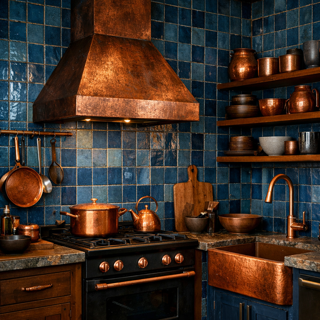 A cozy kitchen featuring blue tiles and copper accents, highlighting a mix of textures and styles.