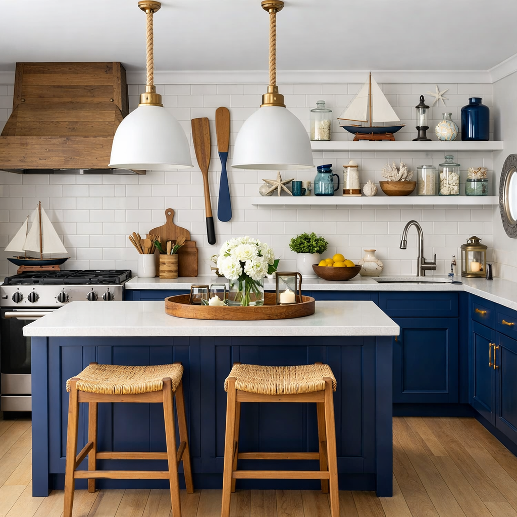 A modern kitchen featuring nautical blue accents, wooden elements, and coastal decor.