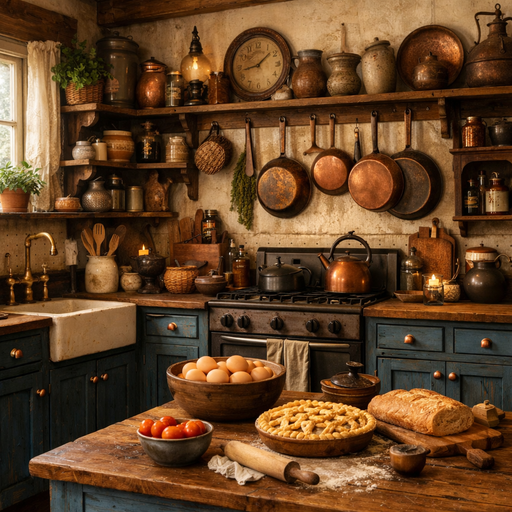 A rustic kitchen with blue cabinets and copper knobs, featuring wooden shelves filled with pots and jars.