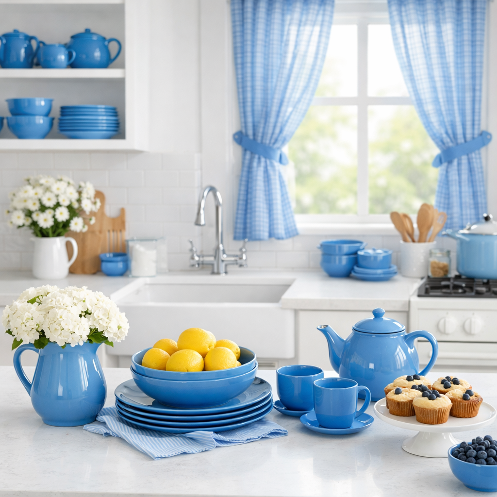 Bright kitchen featuring cornflower blue accents, including dishes, curtains, and a vase of flowers.