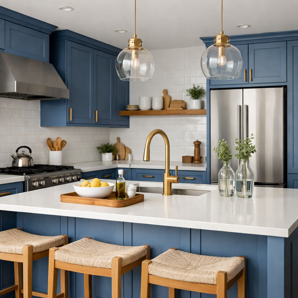 A modern kitchen featuring elegant cornflower blue cabinets with gold accents and a bright countertop.