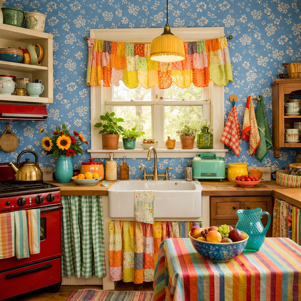 A cozy kitchen featuring cornflower blue walls, a red stove, and a cheerful mix of patterned textiles.