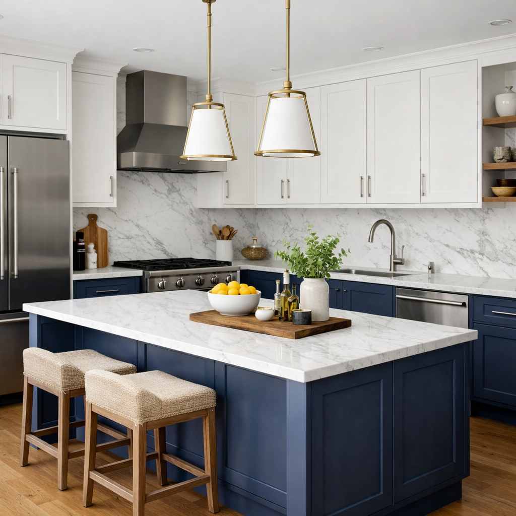 Elegant two-tone kitchen with blue lower cabinets and white upper cabinets, featuring marble countertops and pendant lights.