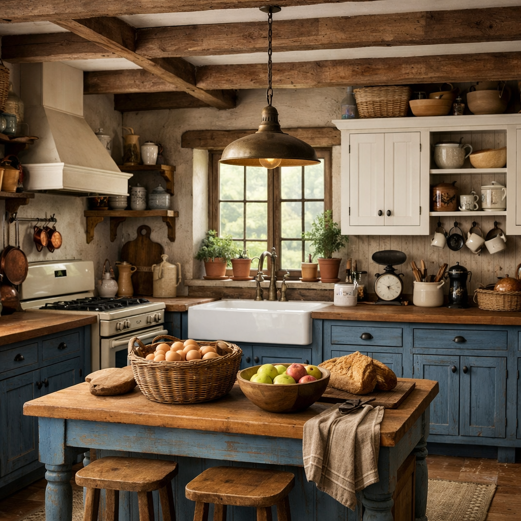 A charming farmhouse kitchen featuring blue cabinets, wooden beams, and rustic decor.