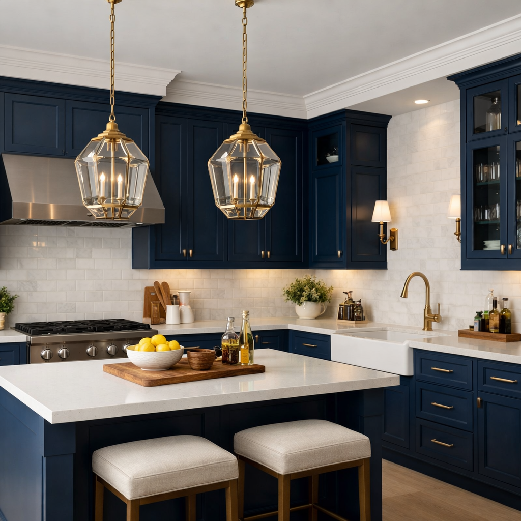 A modern kitchen featuring navy blue and white cabinets, with elegant gold accents.