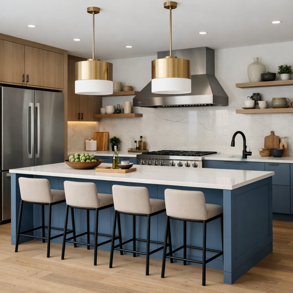 A contemporary kitchen featuring a dusty blue island with a white countertop and gold pendant lights.