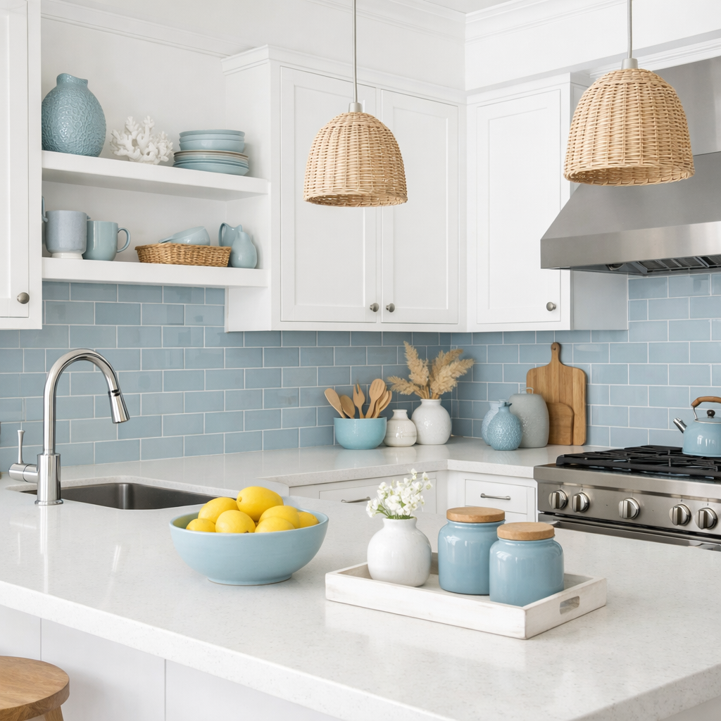 A bright kitchen featuring dusty blue accents against white cabinetry and a white countertop.