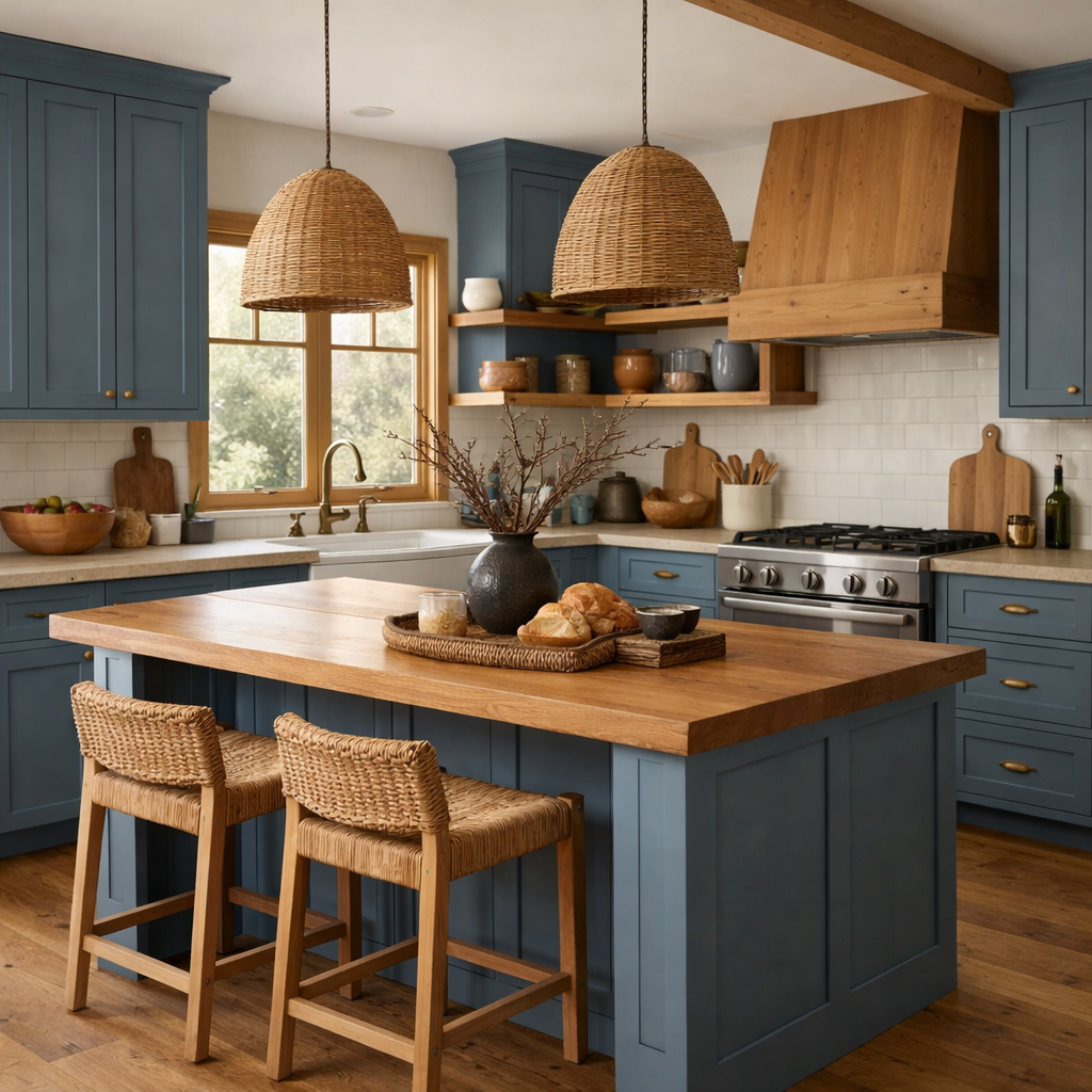 A cozy kitchen featuring dusty blue cabinetry and natural wood accents.
