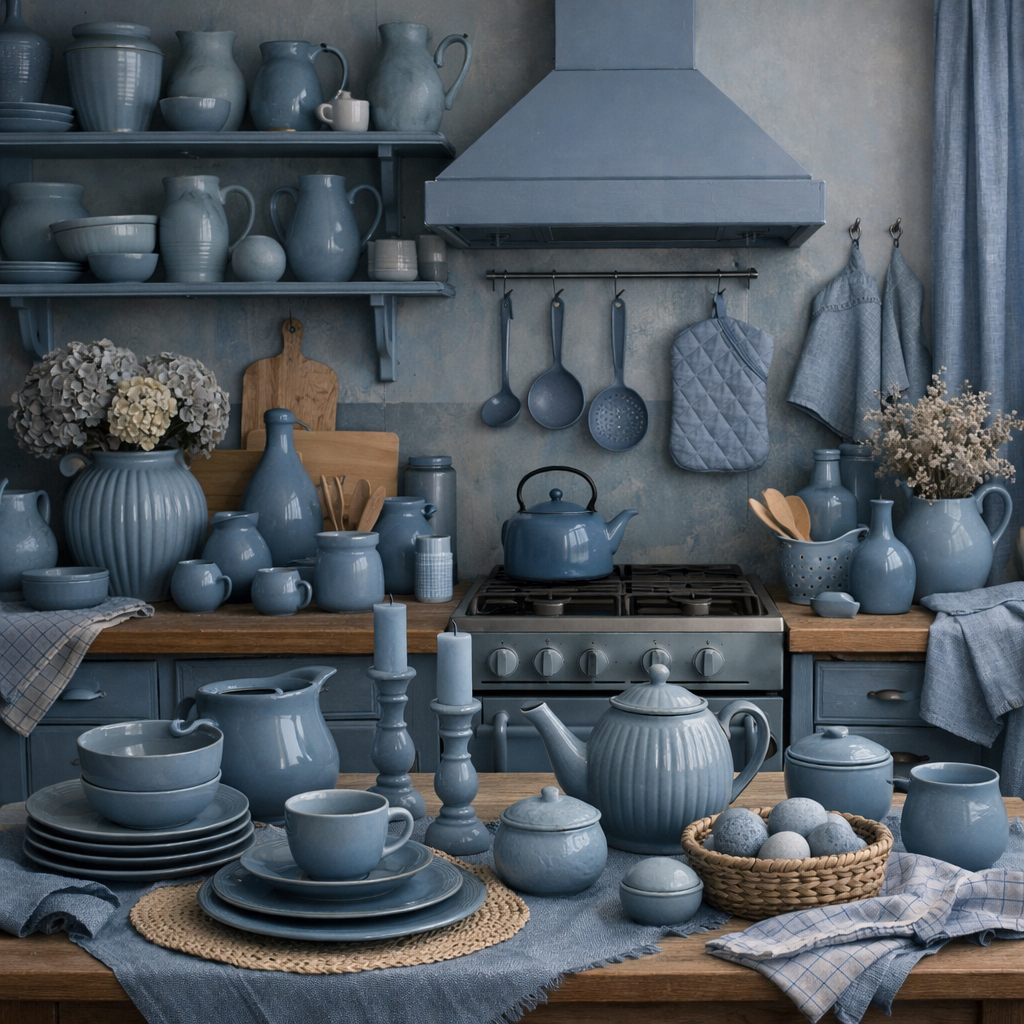 A beautifully arranged dusty blue kitchen with pottery, dishes, and decorative elements