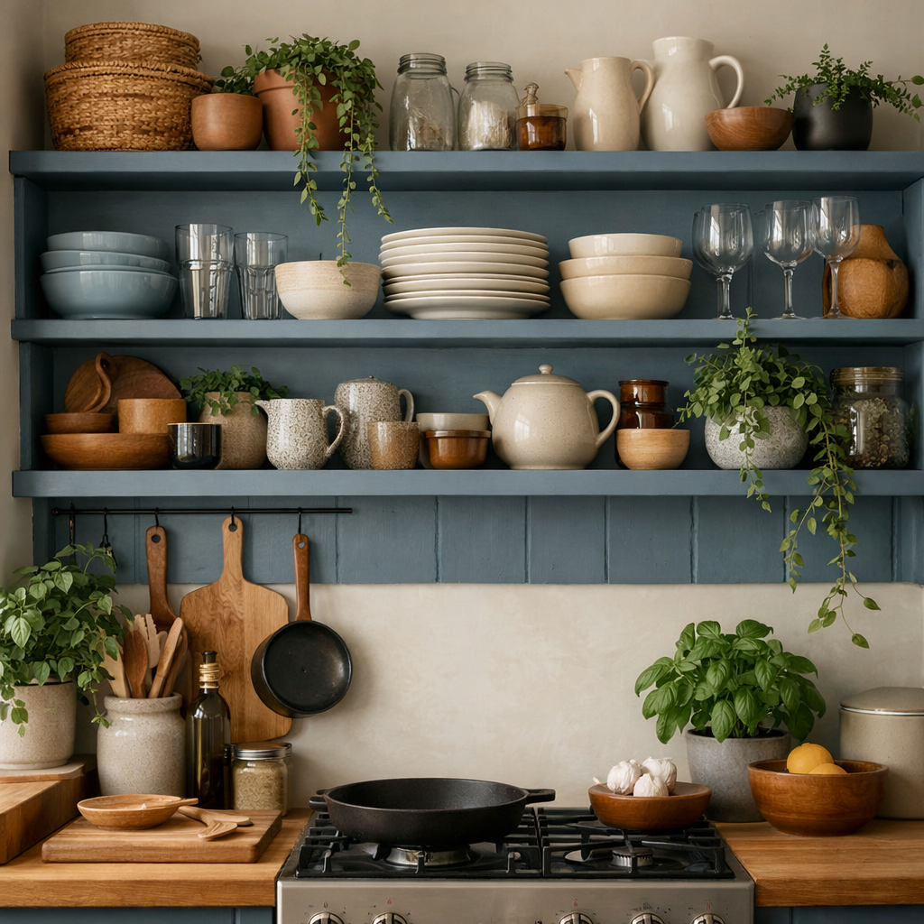 Dusty blue kitchen open shelving with kitchenware and plants