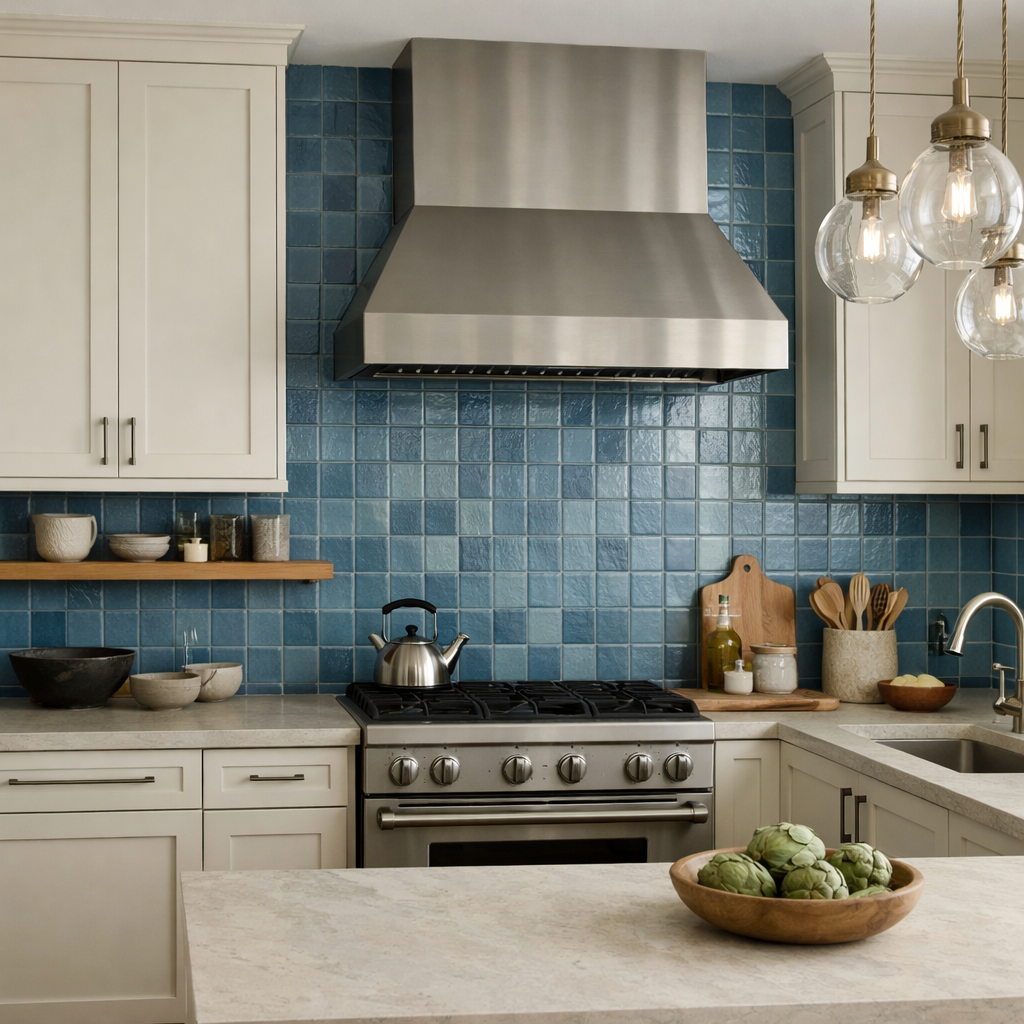 A kitchen featuring dusty blue tile backsplash with stainless steel appliances and wooden shelves.
