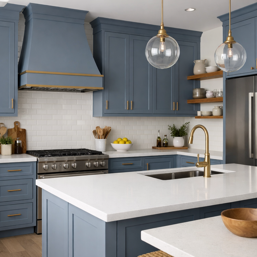 A sophisticated kitchen featuring dusty blue cabinets, gold hardware, and white subway tiles.