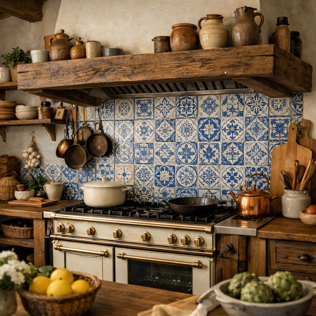 A cozy farmhouse kitchen featuring a blue and white patterned backsplash, rustic wooden shelves, and pots.