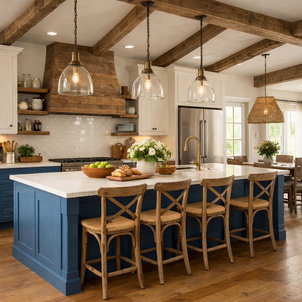 A blue farmhouse kitchen with an island, wooden chairs, and stylish pendant lights.