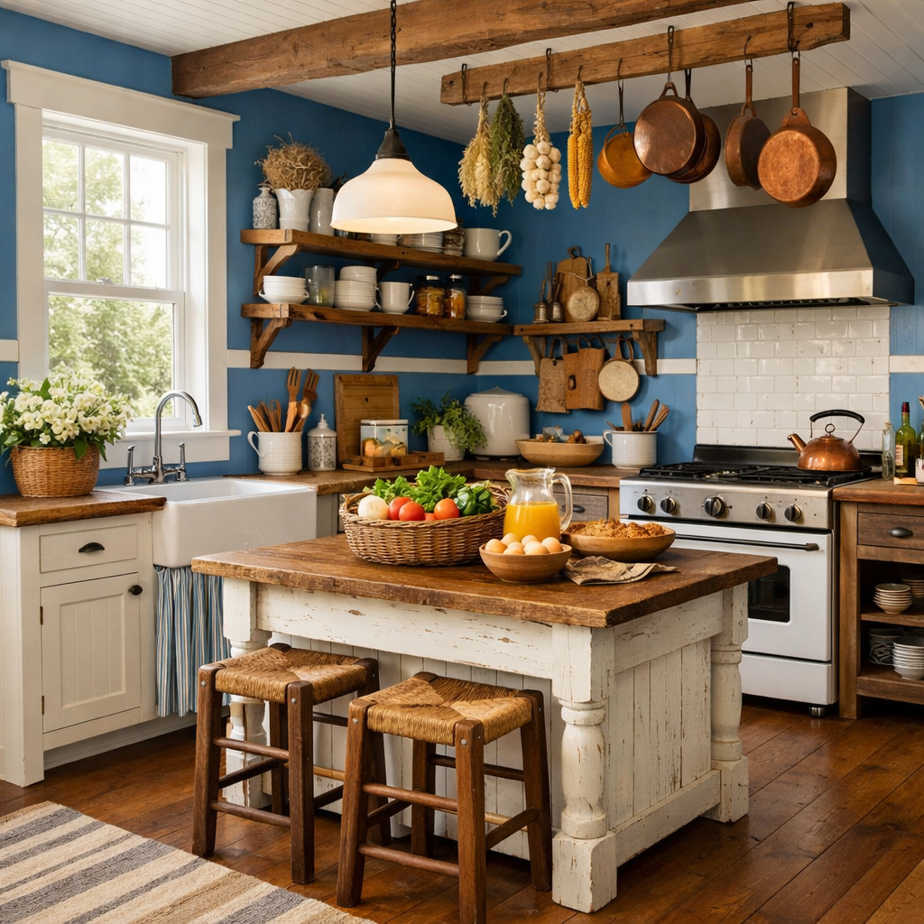 A bright farmhouse kitchen with blue walls, wooden beams, open shelves, and a center island filled with food.
