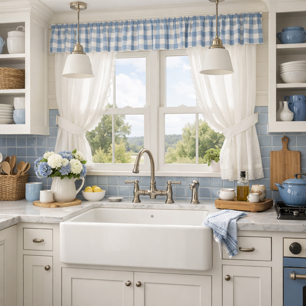 A beautiful farmhouse kitchen featuring a classic white and blue color palette with blue tile backsplash, checked curtains, and a farmhouse sink.
