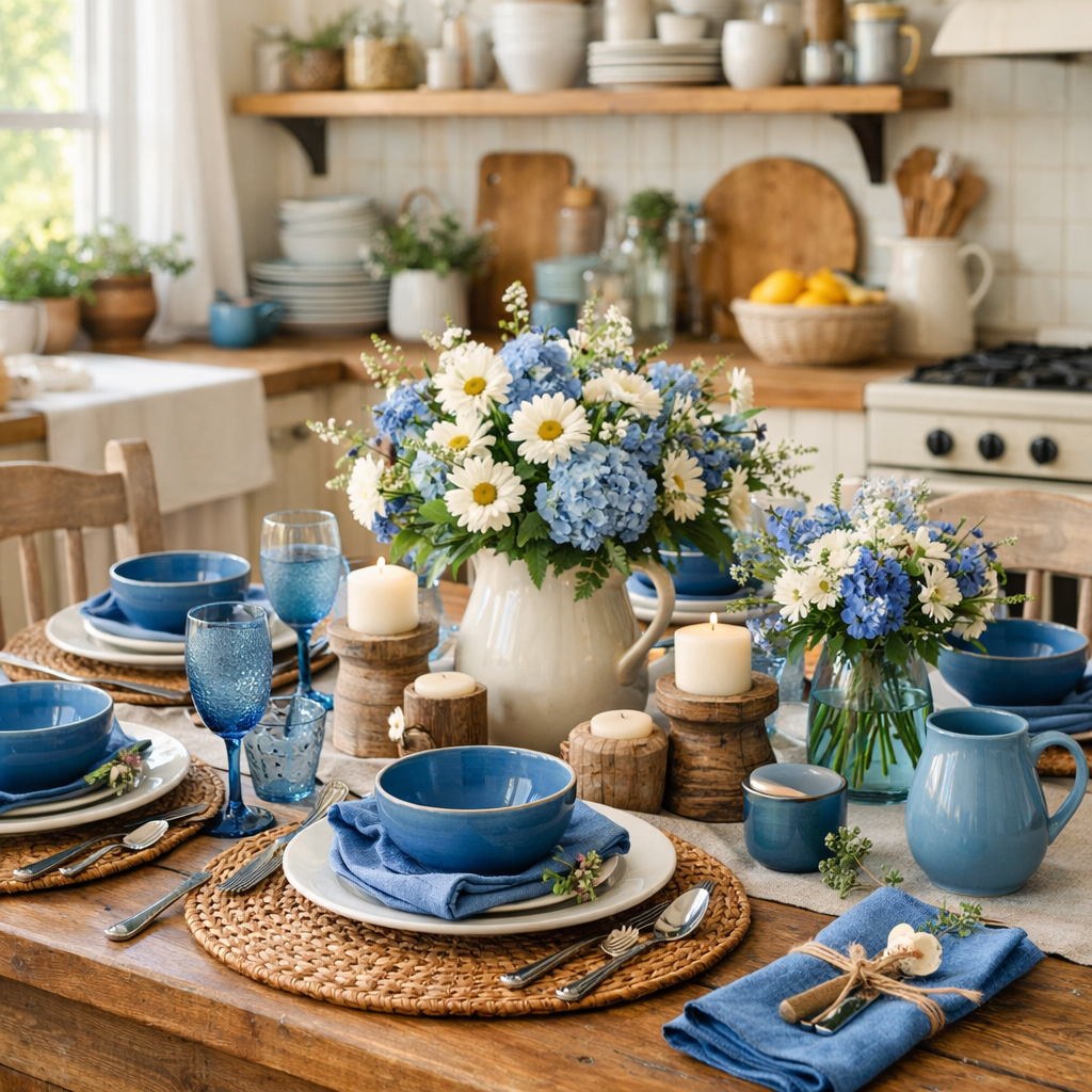 Beautifully set farmhouse table with blue tableware and floral arrangements