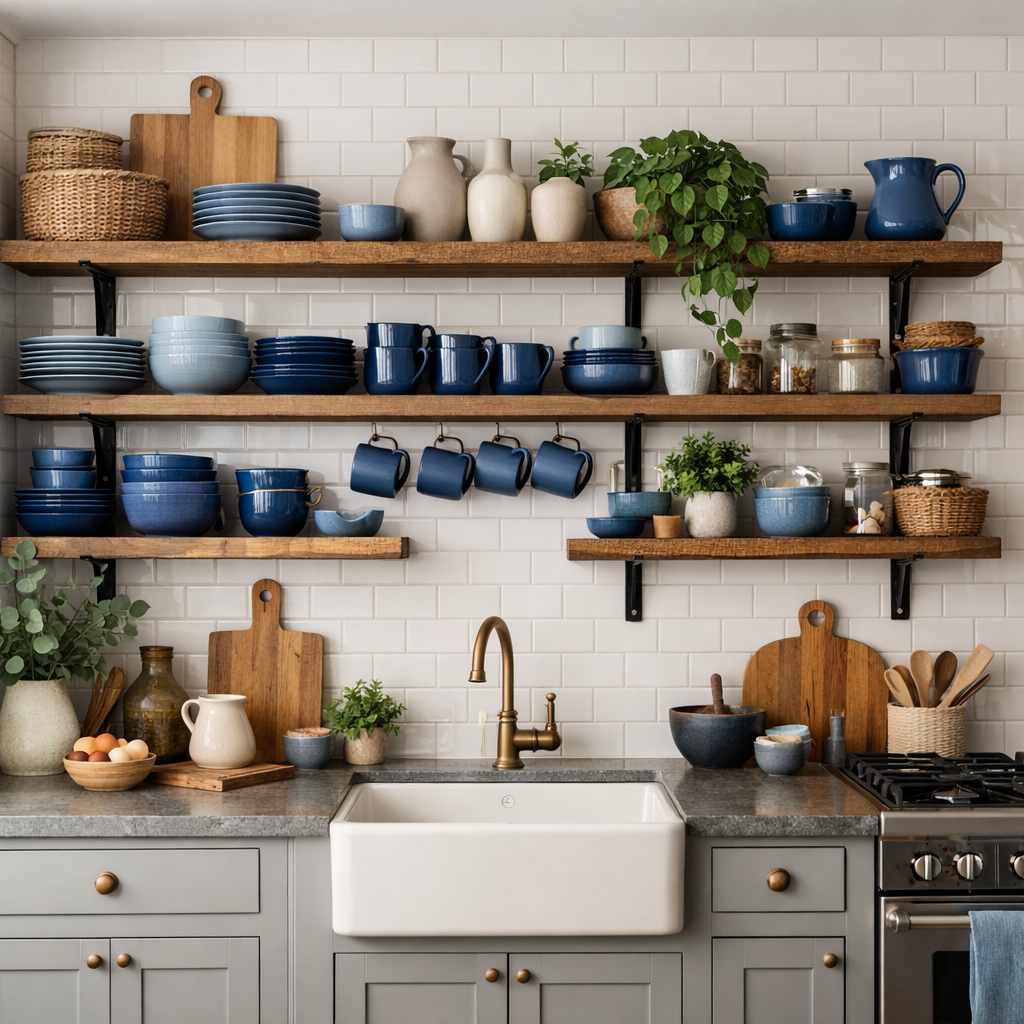 A cozy blue farmhouse kitchen featuring open shelving displaying various blue dishware and plants.