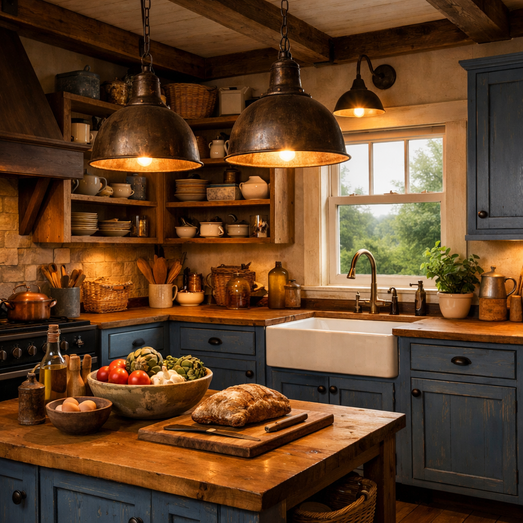 A rustic kitchen featuring blue cabinets and natural wood elements, with pendant lighting and a cozy ambiance.