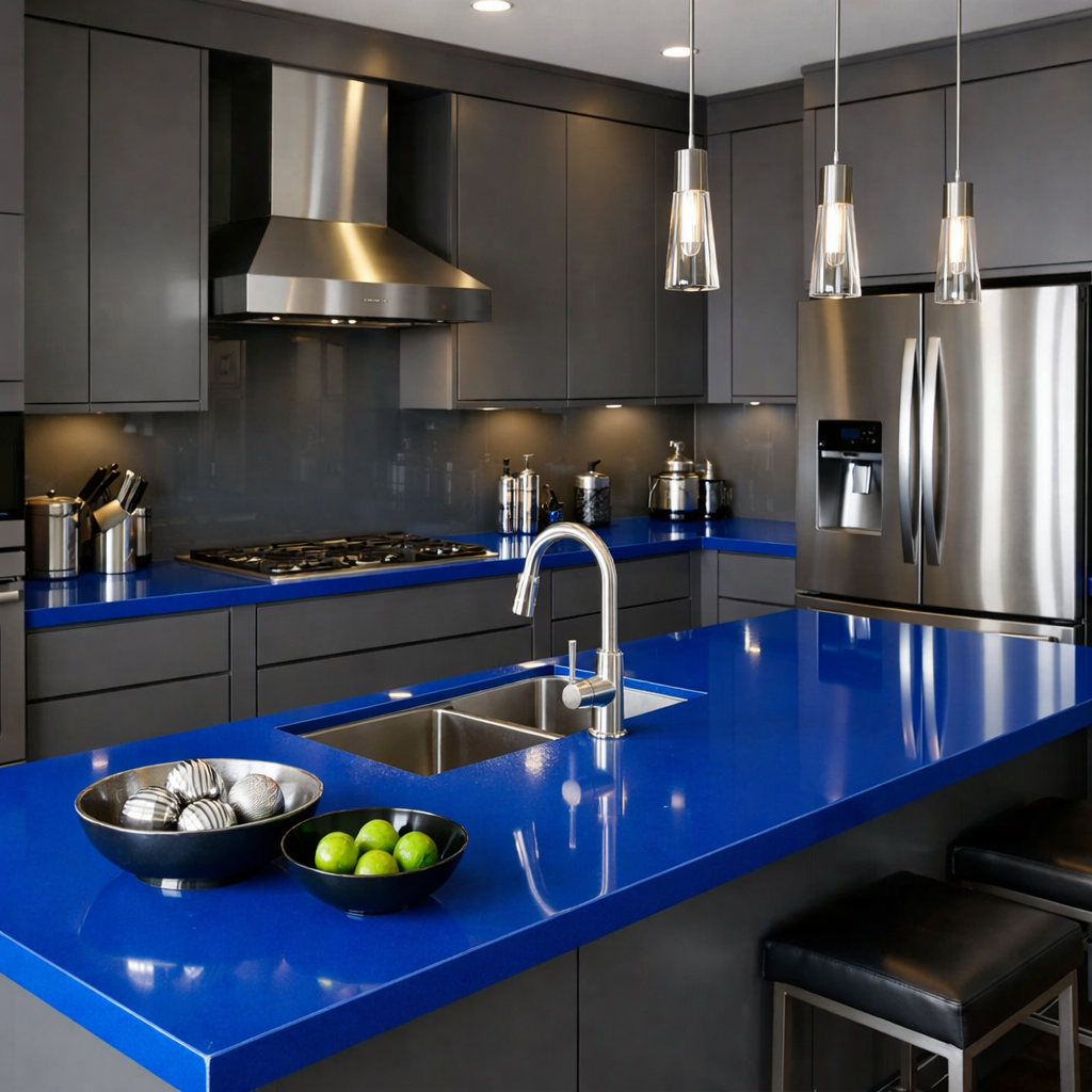 A stylish kitchen with blue glossy countertops and gray cabinets, showcasing modern elegance.