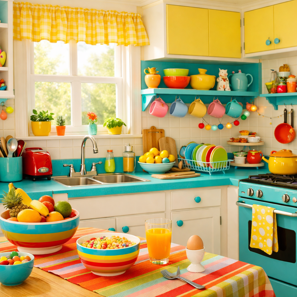 A bright and colorful kitchen featuring turquoise countertops, colorful bowls, and cheerful decor.