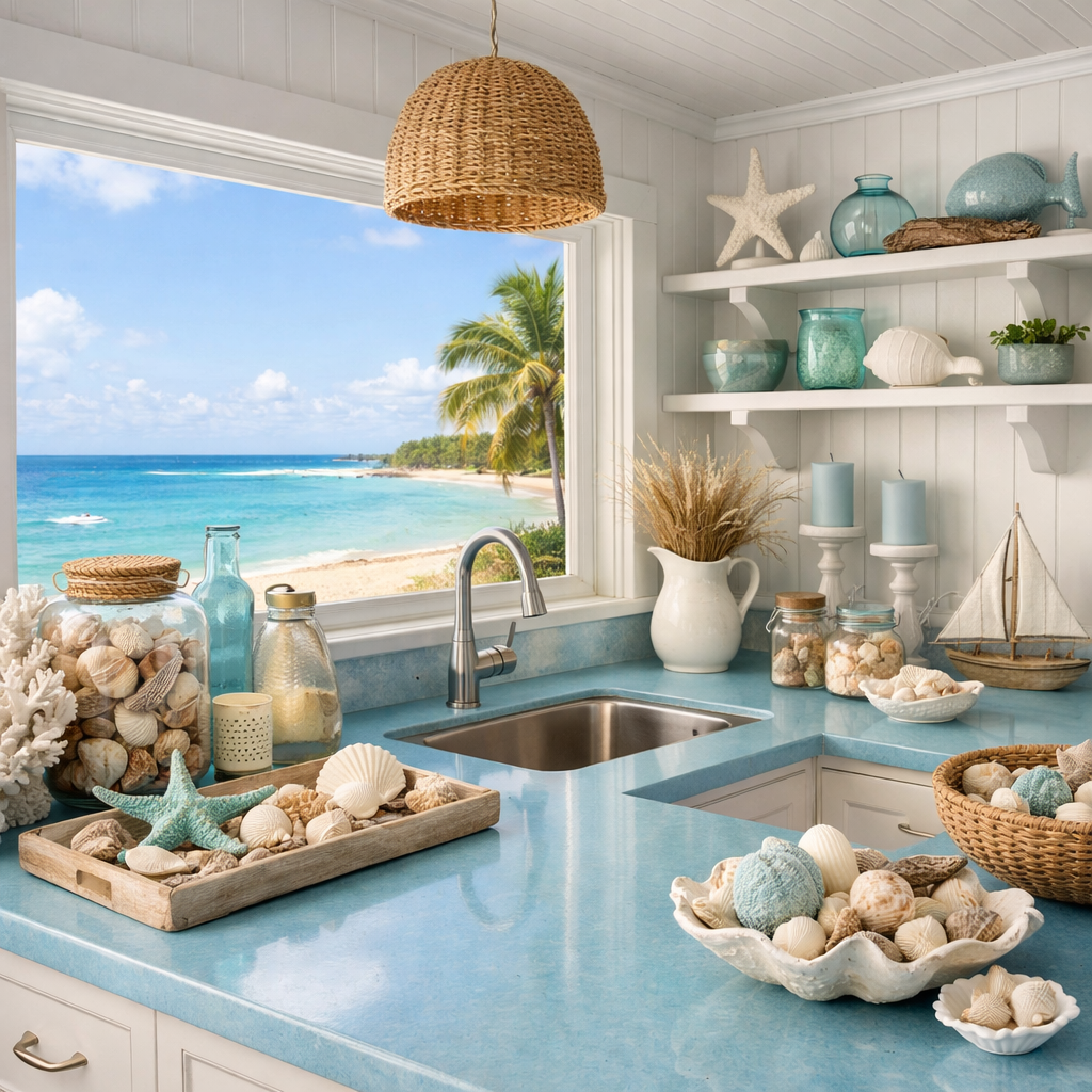 A kitchen with light blue countertops, showcasing coastal decor such as seashells and a beautiful beach view from the window.