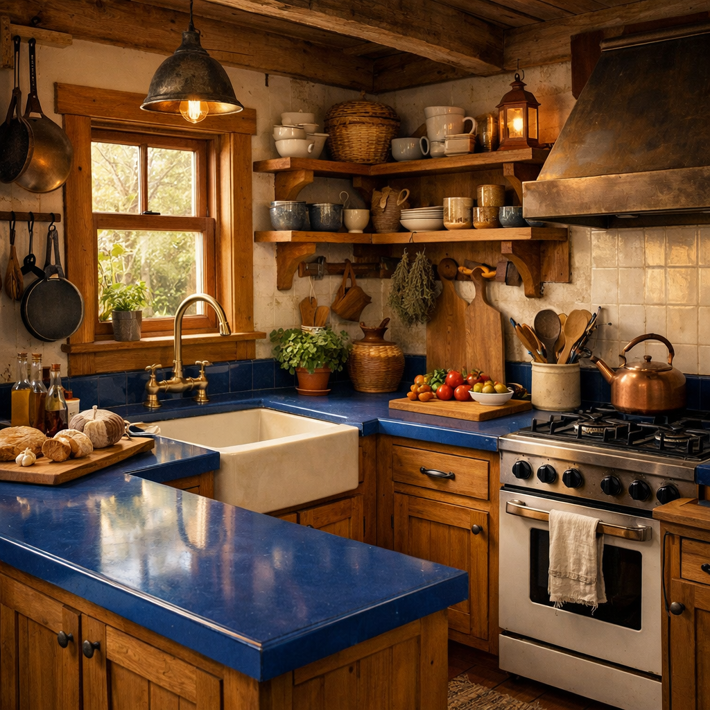A cozy kitchen with blue countertops, wooden cabinets, and shelves filled with dishes and plants.