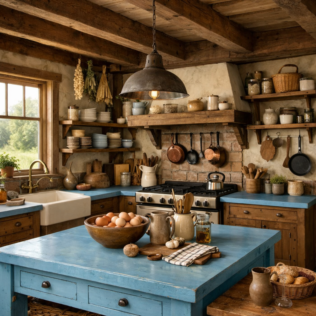 A rustic kitchen featuring sky blue countertops, wooden shelves filled with pots and dishes, and natural light coming through the window.